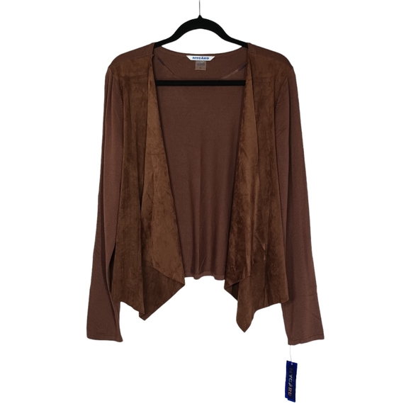 PETER NYGARD Micro Suede Brown Open Drape Long Sleeve Cardigan Sweater Large NWT - Picture 2 of 7